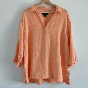 Tahari Orange 100% Linen Tunic Blouse Size 1X Orange 3/4 Sleeve Beach Coastal